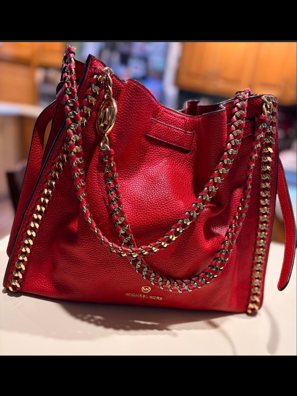 Michael Kors Large Red Pebbled Leather Tote with Gold Chain-Trim